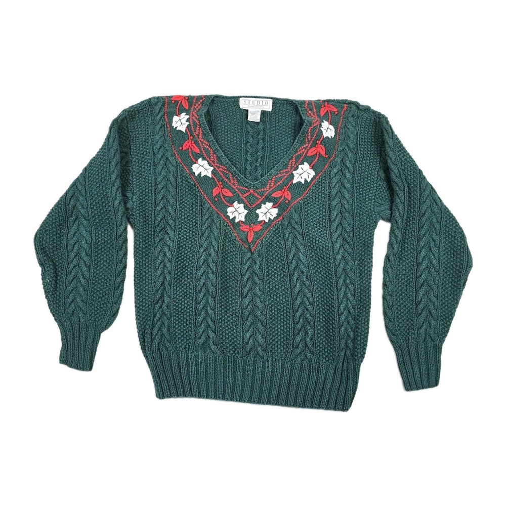 Vintage Studio Michelle Stuart Women's Size Medium Green Cable Knit Sweater‎